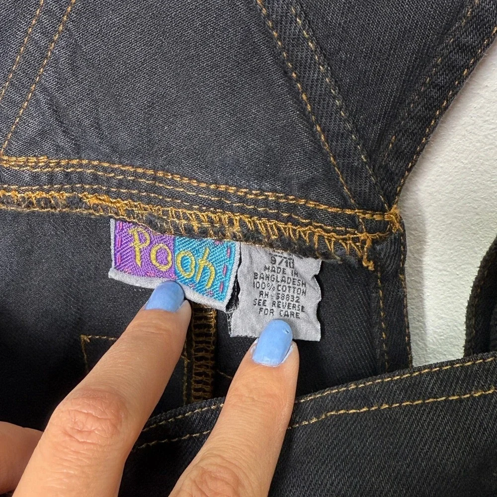 Vintage Pooh Winnie the Pooh Black Denim Overall Dress Pinafore Size 9/10 90s - Picture 2 of 8
